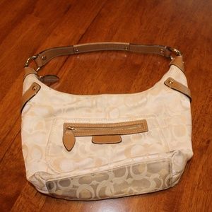 Coach- Shantung Optic Beige Tan Leather Trim Purse