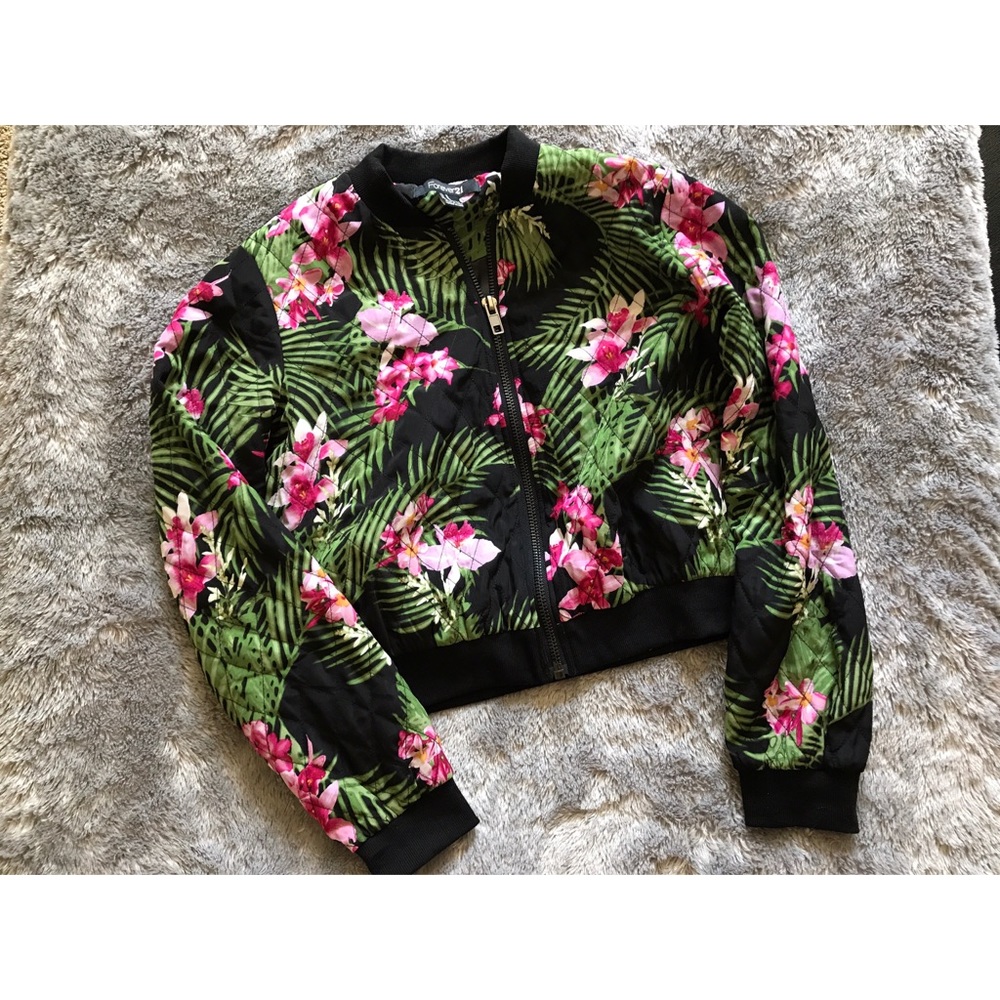 Tropical patterned bomber jacket