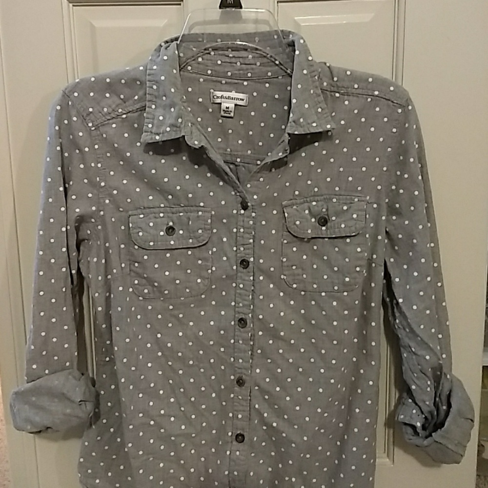 Grey polka dot button up shirt medium