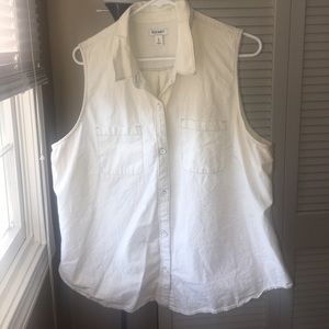 Light wash denim sleeveless button up top.