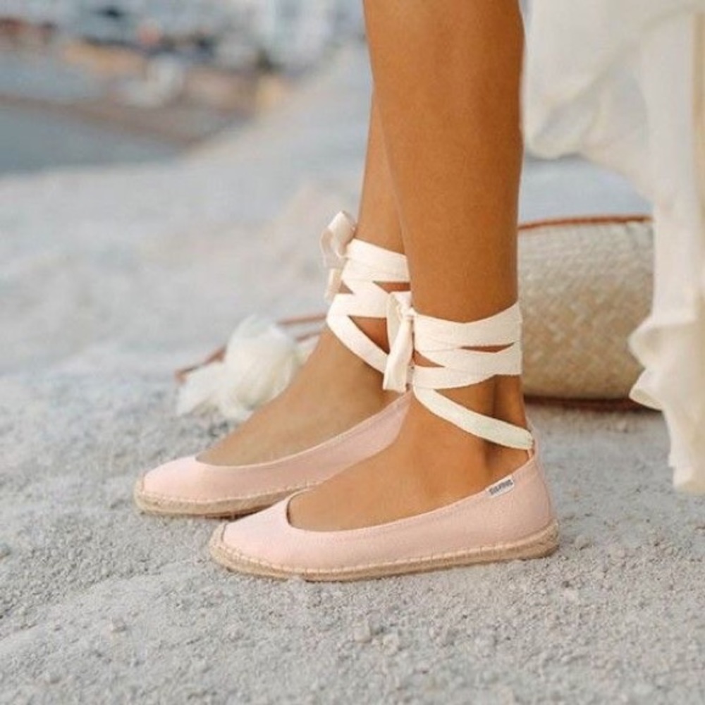 Nude Leather Tie up Ballet Espadrille Flats - Picture 3 of 7