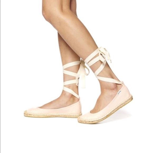Nude Leather Tie up Ballet Espadrille Flats - Picture 4 of 7