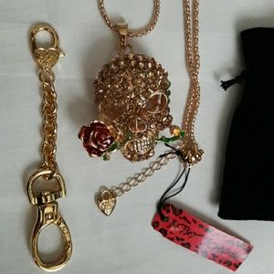 Betsey Johnson Skull NECKLACE & purse charm holder Halloween