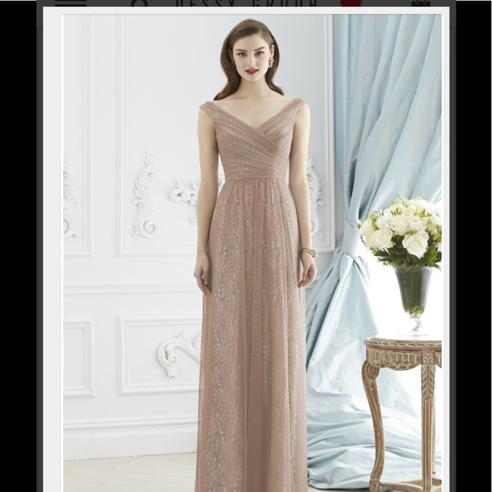 Dessy Collection full length off the shoulder gown