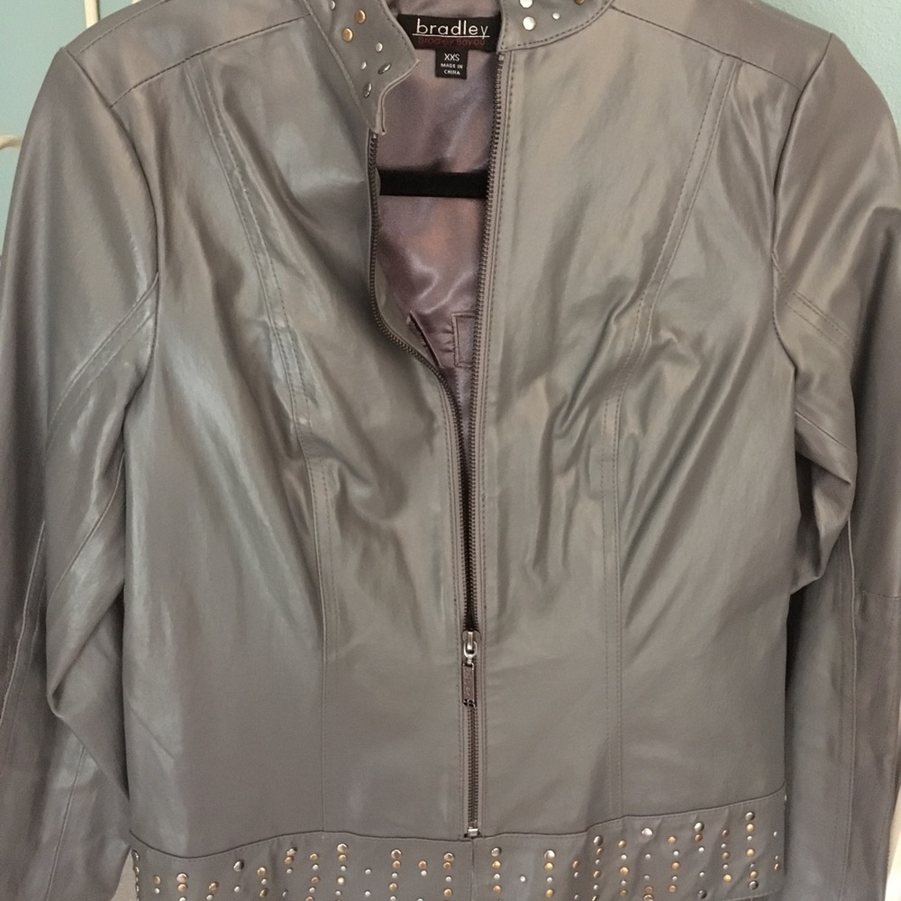 Gray leather jacket.