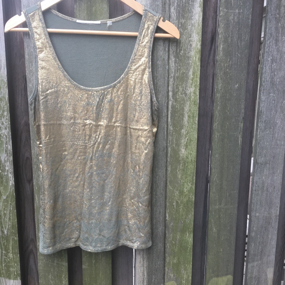 Tahari Olive and Gold Distressed Tank