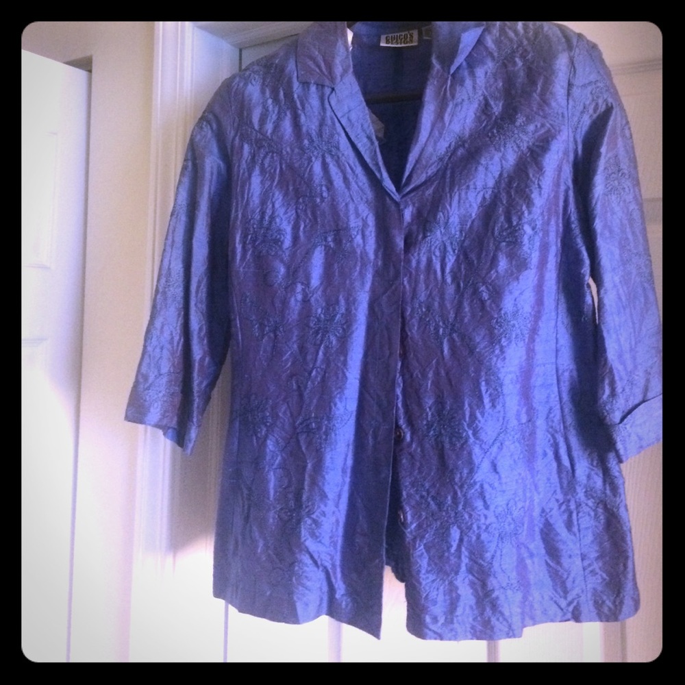 Blue silk embroidered shirt jacket