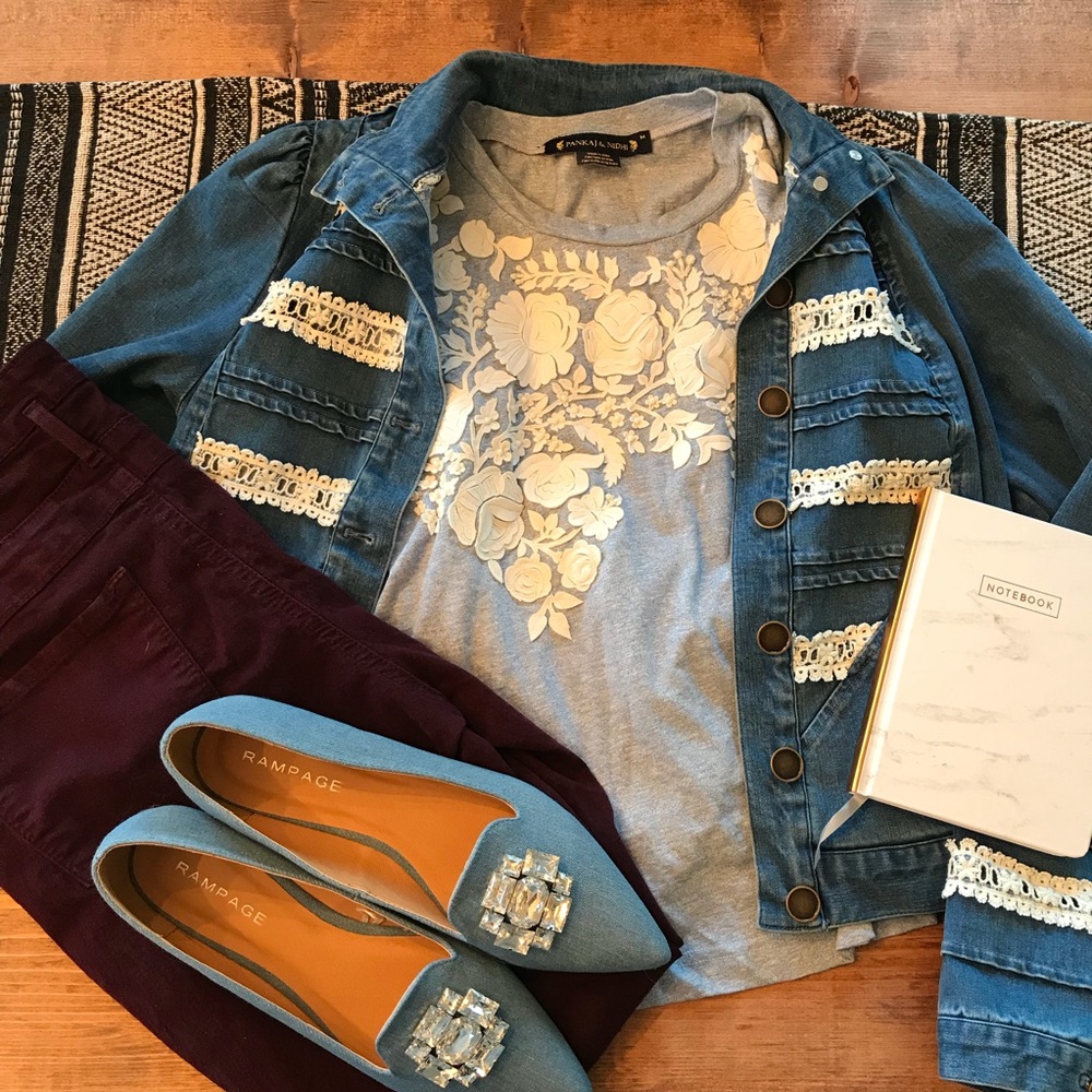 Sky blue Embroidered and Beaded Tee