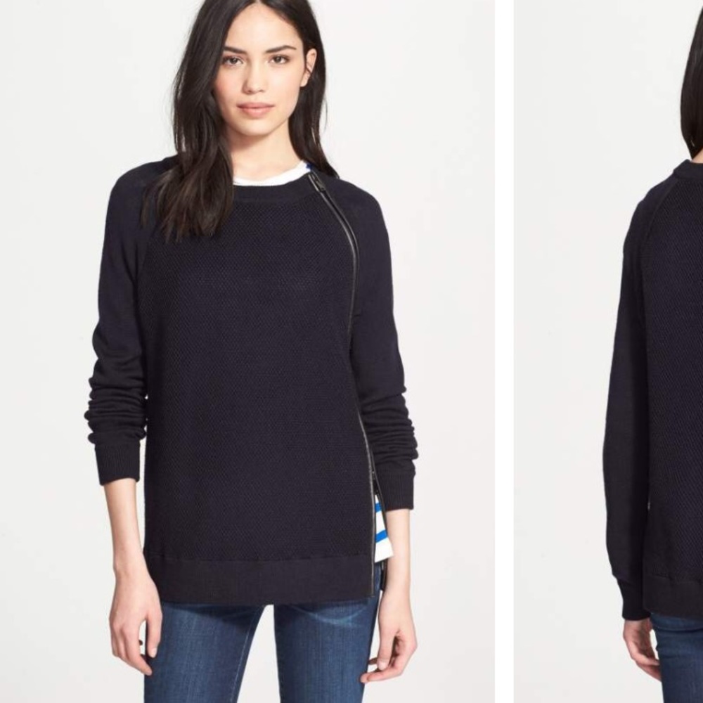 Chic navy Vince sweater with black leather detail