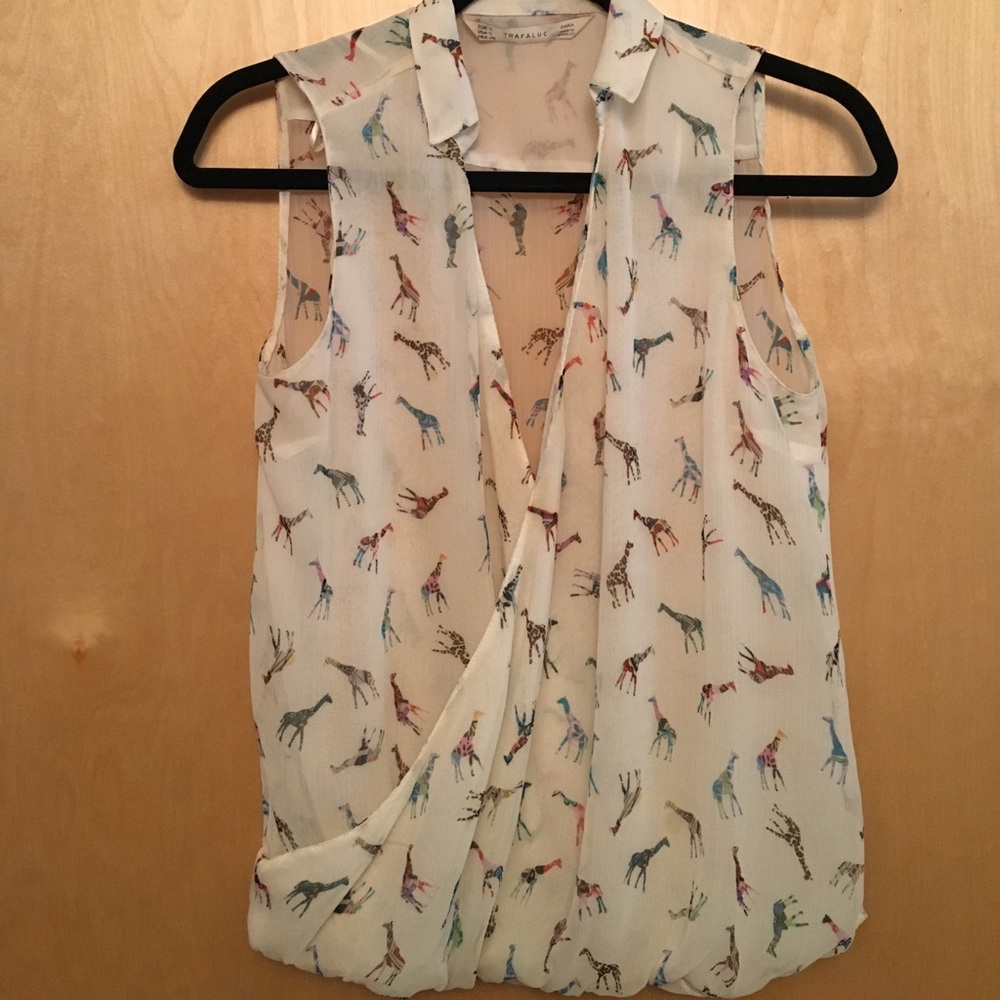 Zara TRAFALUC giraffe print tank shirt blues Small