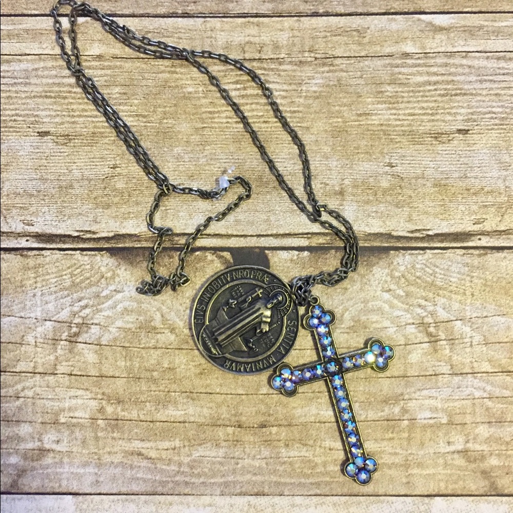 Long Cross Necklace With Blue Swarovski Stones