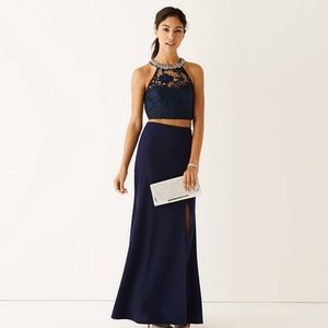Navy Blue Two Piece Lace Gown with Jeweled Collar