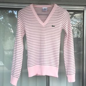 Lacoste Blush Pink & Gray Stripe V neck Sweater S Lacoste Blush Pink & Gray Stripe V neck Sweater S