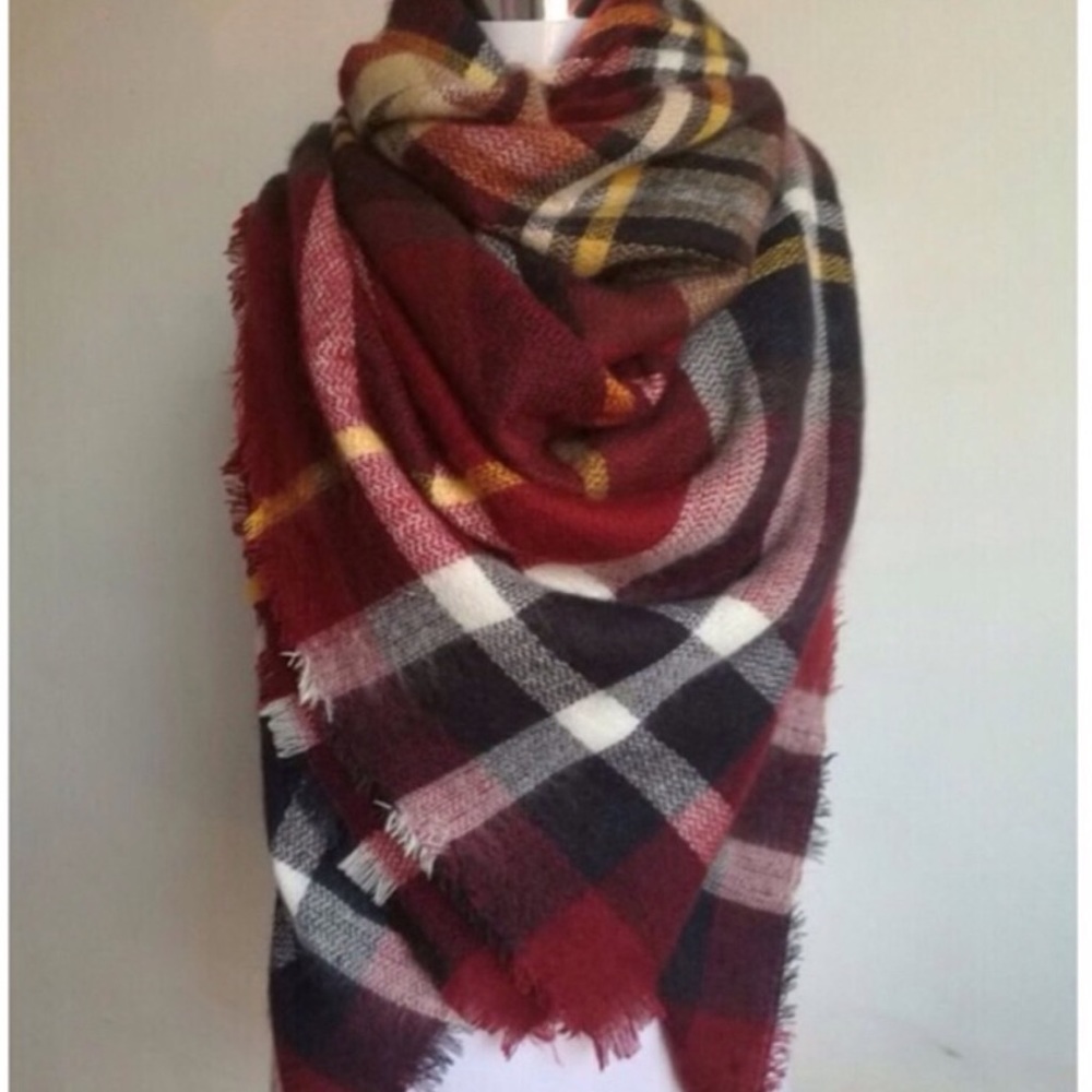 Burgundy Plaid Blanket Scarf - Picture 3 of 3