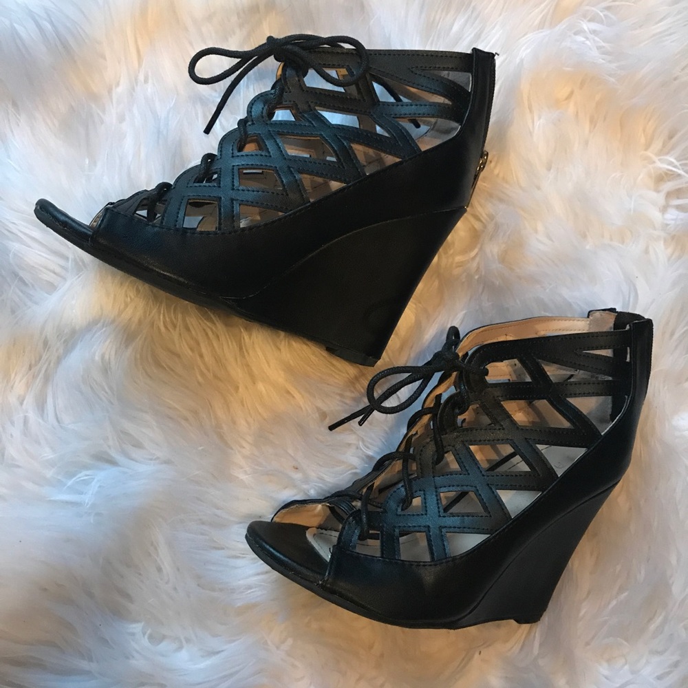 Black lace up wedge with cut-outs