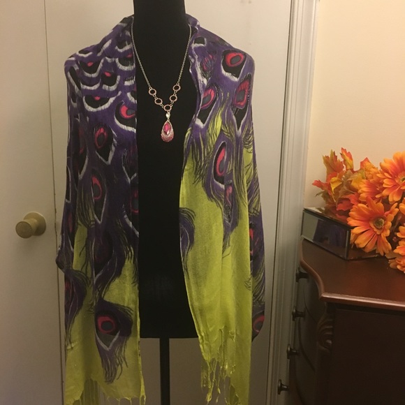 Peacock Feather Oblong Fringed Scarf - Picture 2 of 5