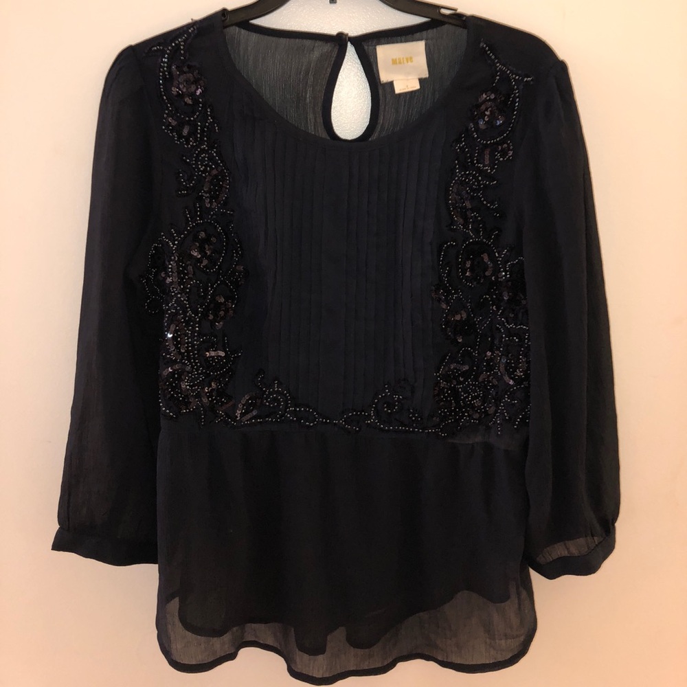 Deep navy Anthropologie blouse.