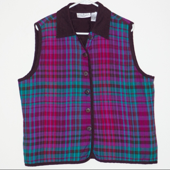 Fall Winter Lined Purple Teal Brown Plaid Vest 1X - Picture 1 of 8