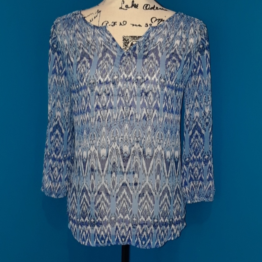 5/25 St. Johns Bay Sheer Blue Blouse w/ Ikat print