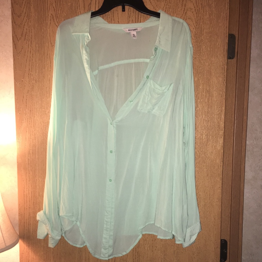 light teal button down top
