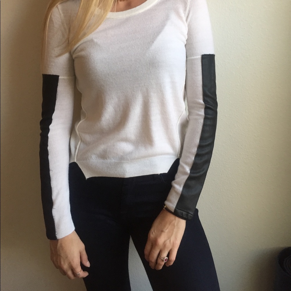 White and Faux Leather Sweater