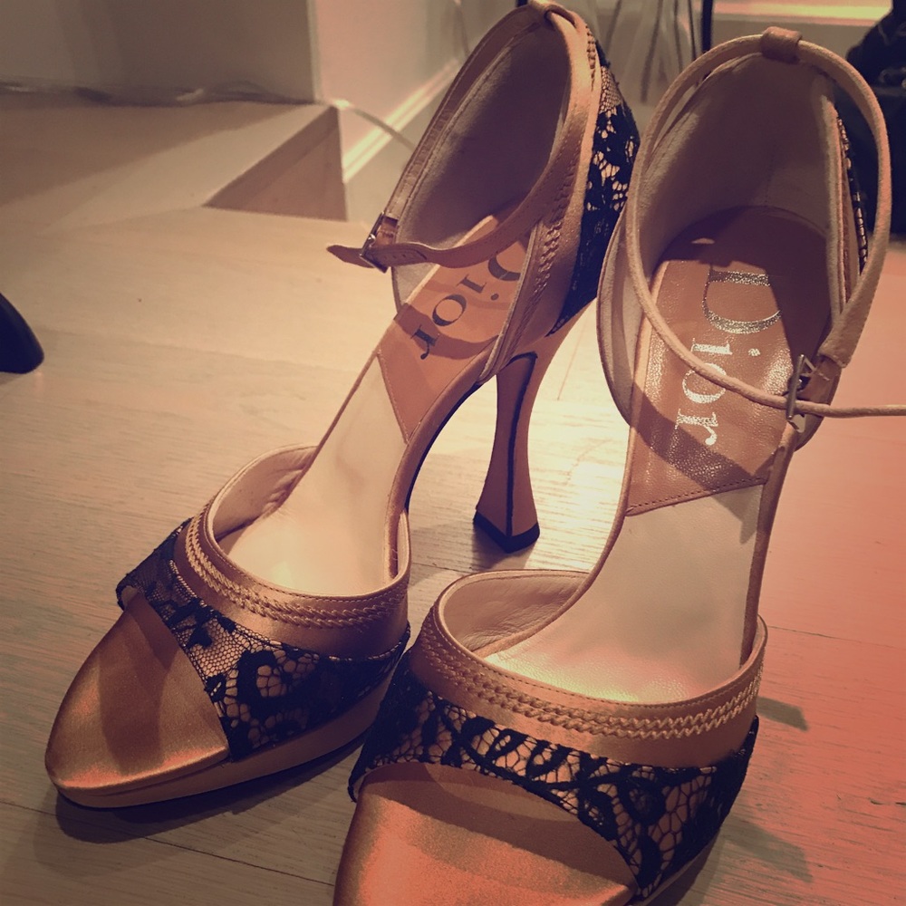 Dior satin and black lace platform heels