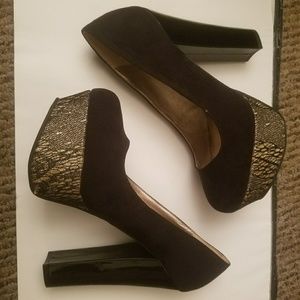 Shoes, black, gold, platforms, womens, 8.5