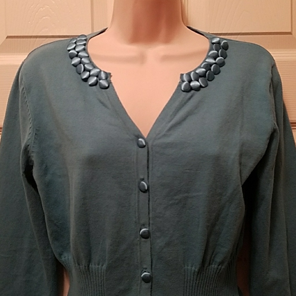 2/$15 Tribeca teal beaded sweater cardigan, S