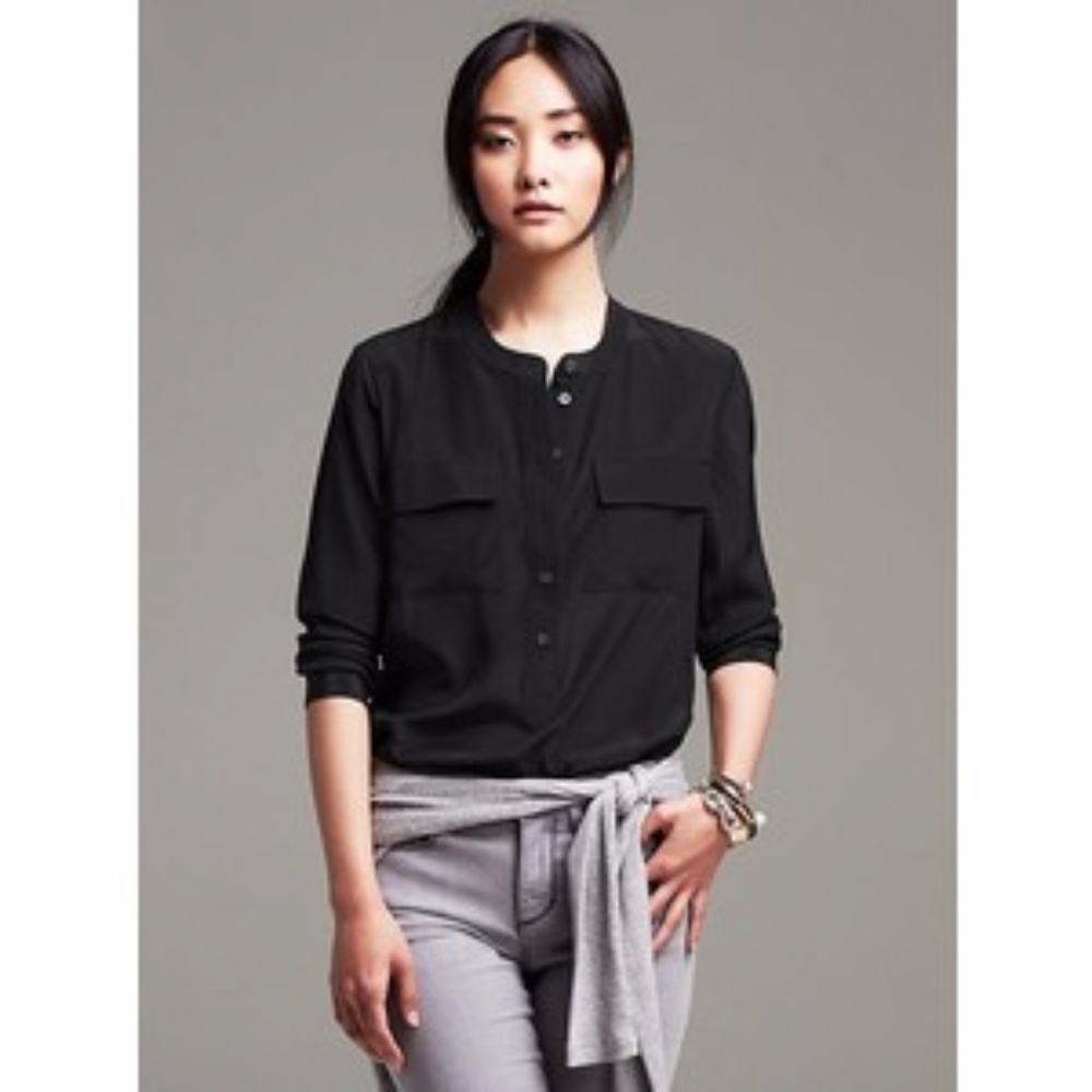 NWT Banana Republic Black 100% Silk Popover Blouse