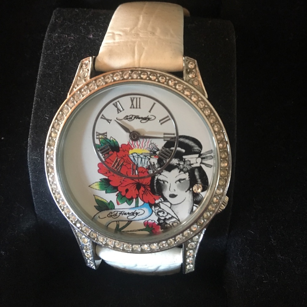 White Leather Rhinestone Silver Ed Hardy Watch