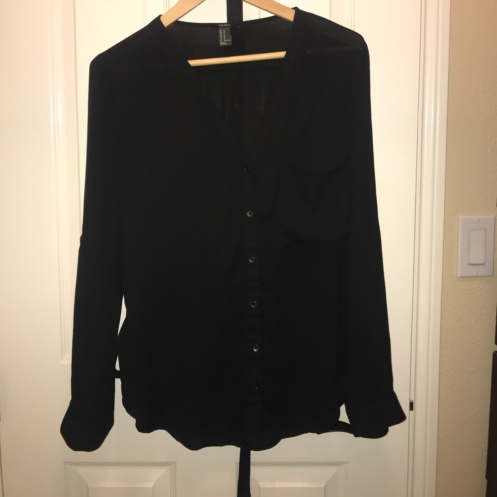 Black chiffon long sleeve button up top