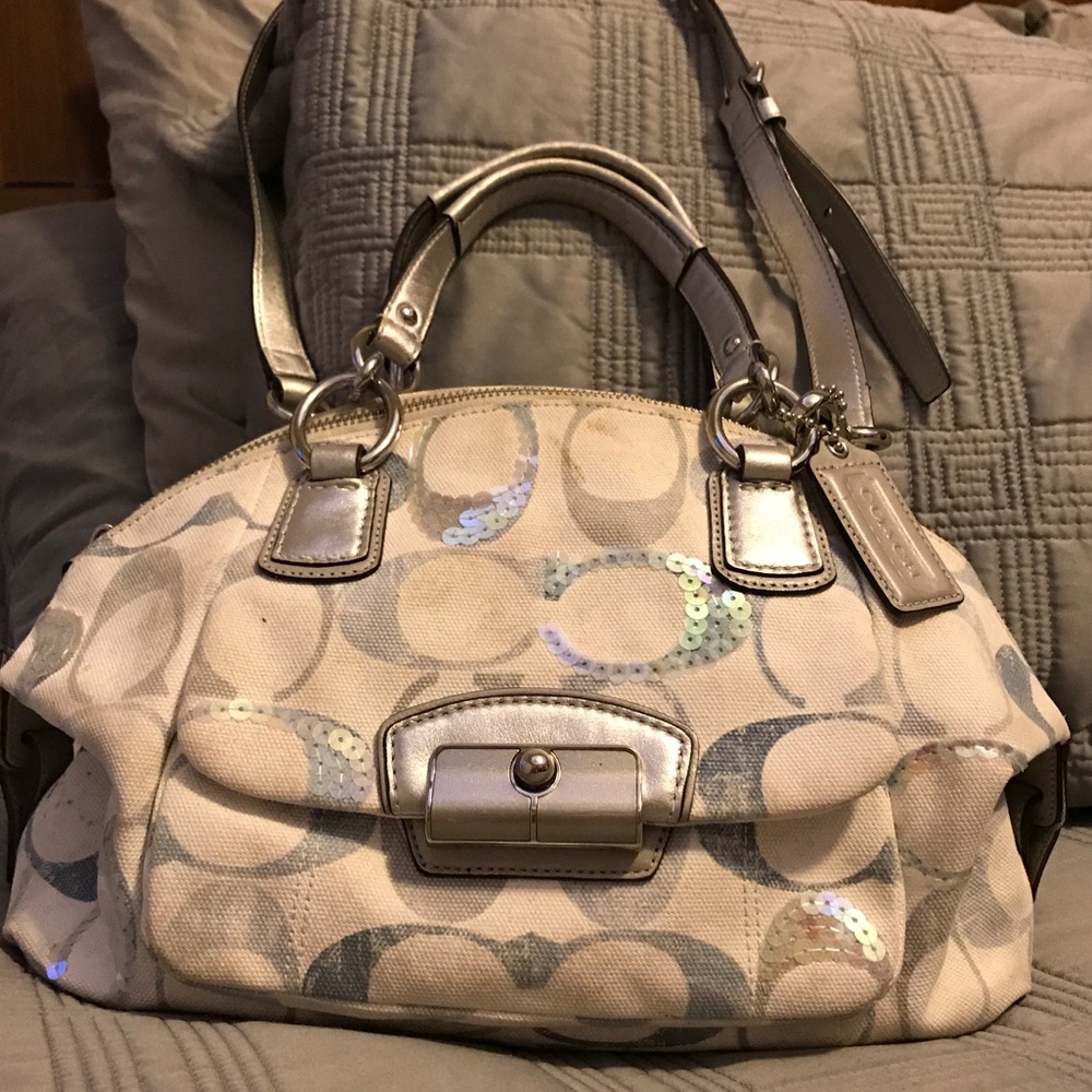 Auth COACH baby blue & grey handbag w/shlder strap
