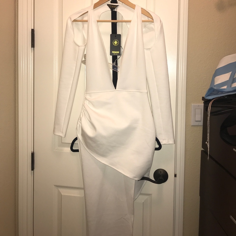 Backless long sleeve plunging asymmetrical dress