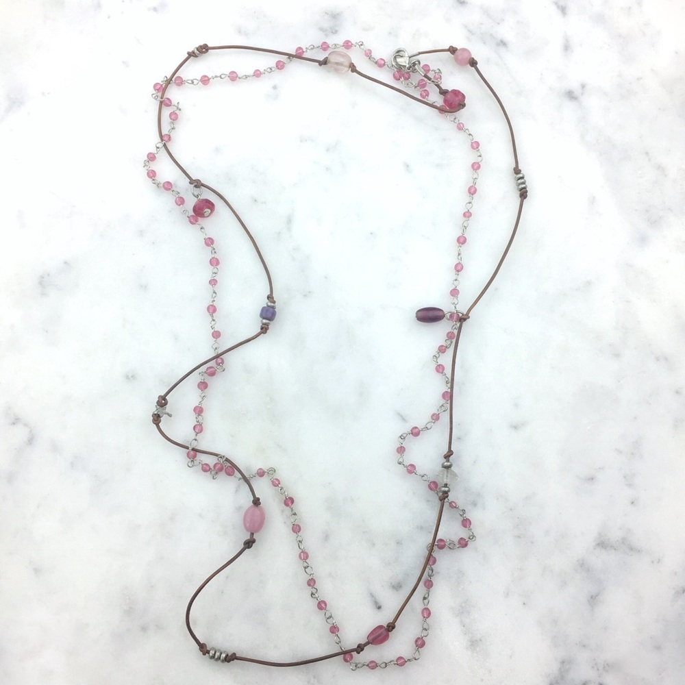 Pink & brown long layered necklace