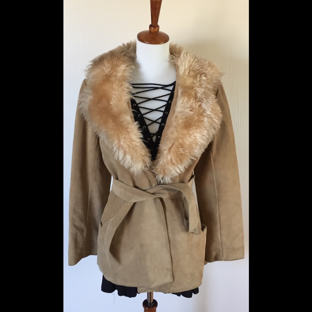 Faux fur trim leather jacket