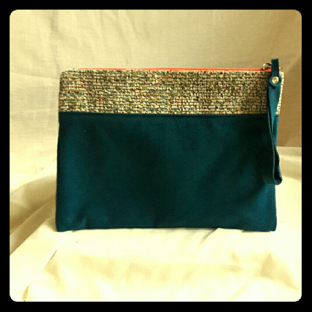 Teal Suede & Orange Tweed Clutch