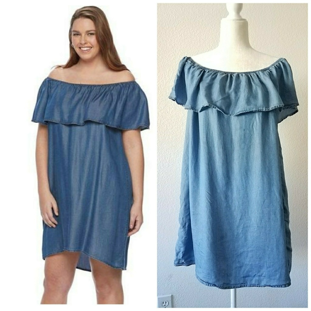 Off shoulder, ruffle denim, blue, pocket dress L