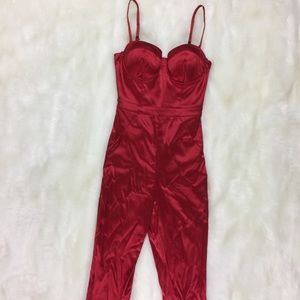 BEBE RED SATIN SEXY JUMPSUIT ROMPER PLAYSUIT 00 XS