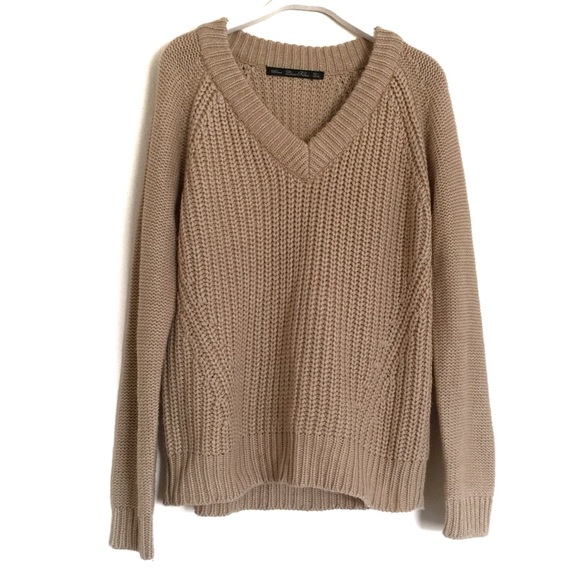 Zara Sweaters - Zara Tan cable knit ribbed V neck Sweater Large