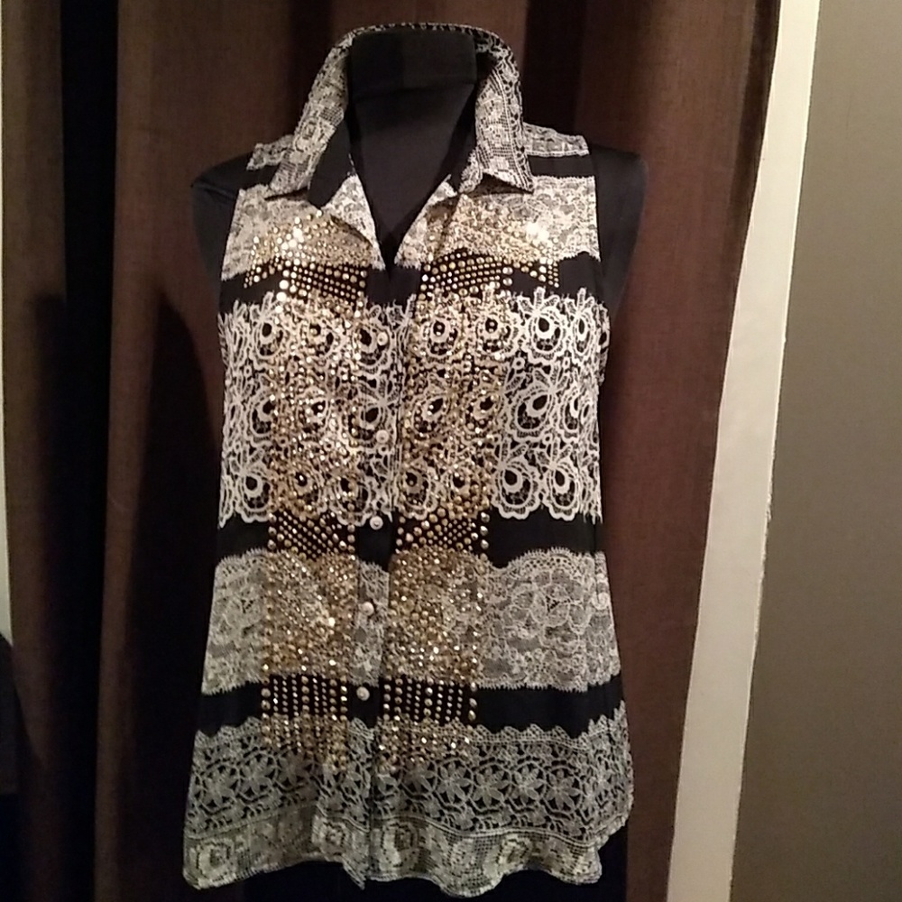 Black and white blouse with gold embellishments
