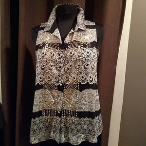 Black and white blouse with gold embellishments