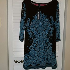 NWT: stylish dress, brown & aqua, sz L
