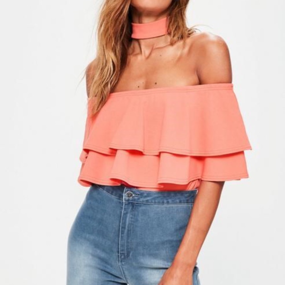 Missguided Frill Bardot Choker Neck Bodysuit XS