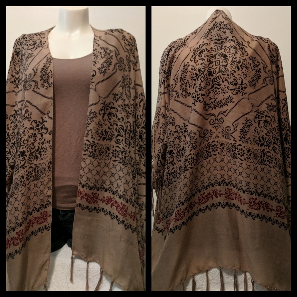 Fringe Trim Printed Kimono