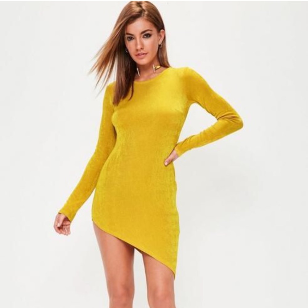 MissguidedYellow Asymmetric Hem Bodycon Dress XS