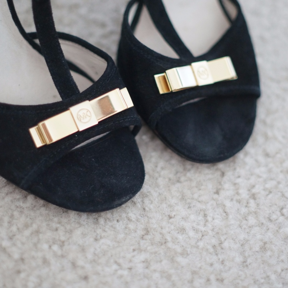 Michael Kors Black T-strap Heels with Gold Bow