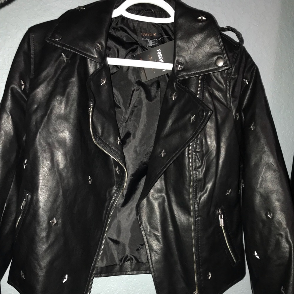Casual Black star studded leather jacket