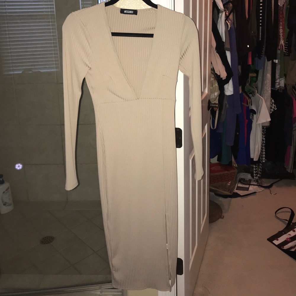 Nude midi bodycon dress with slit on side