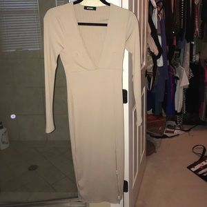 Nude midi bodycon dress with slit on side