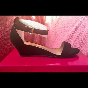 Black Low Wedge Ankle Strap Sandals